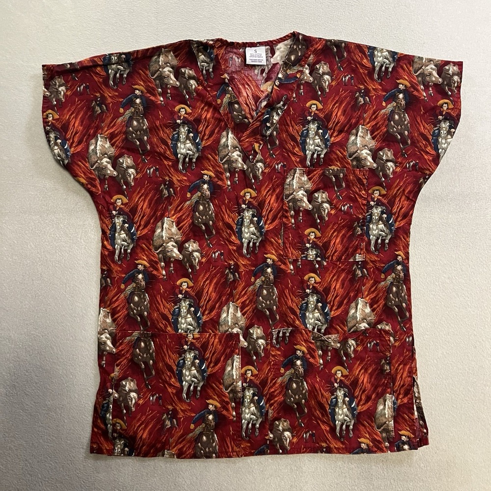 Vintage SCRUBS Floral Print Medical Uniform Shirt Small Workwear Cowboy Print